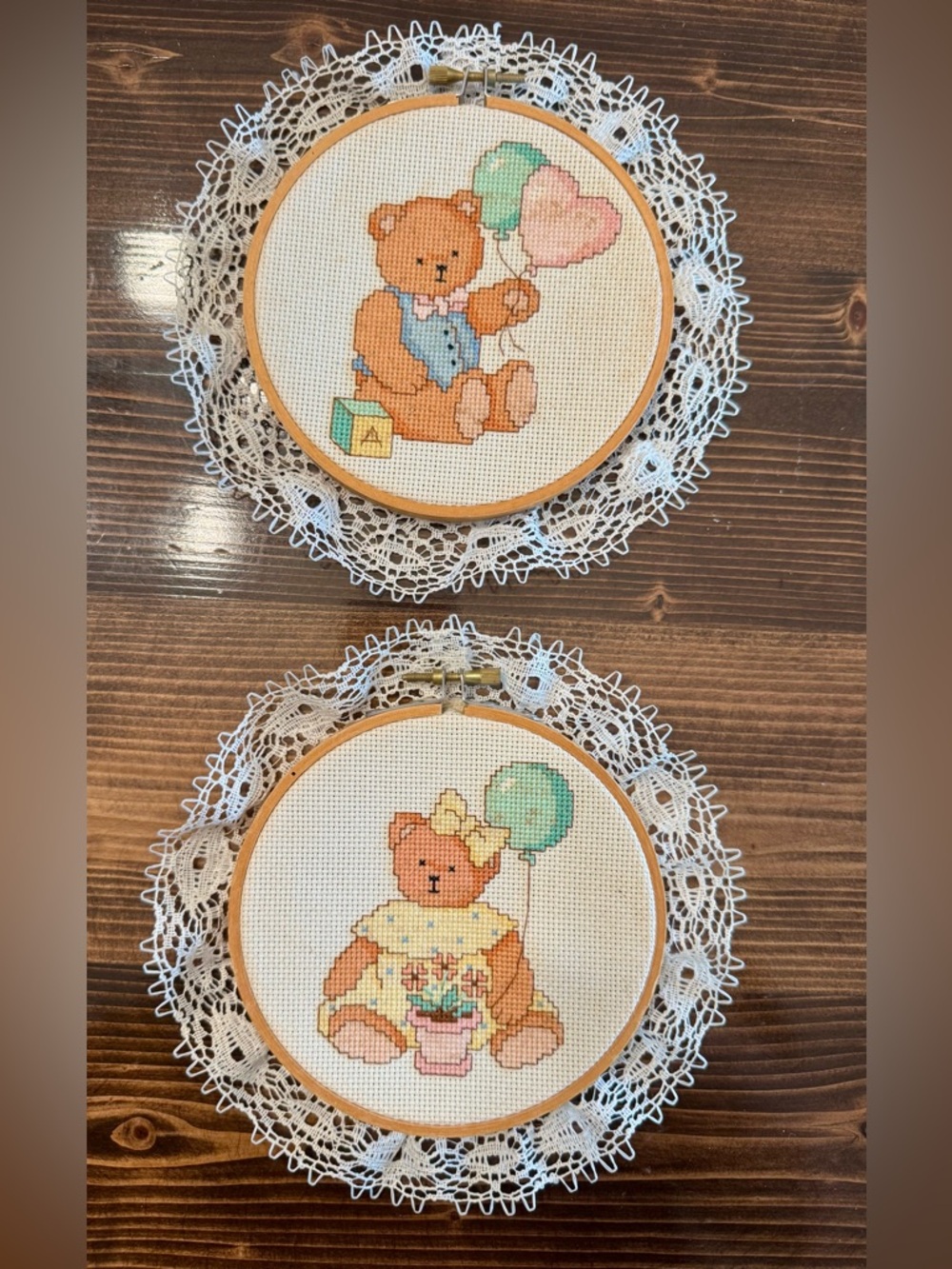 Vintage Handmade Cross-Stitch Teddy Bears with Balloons Hoop Set